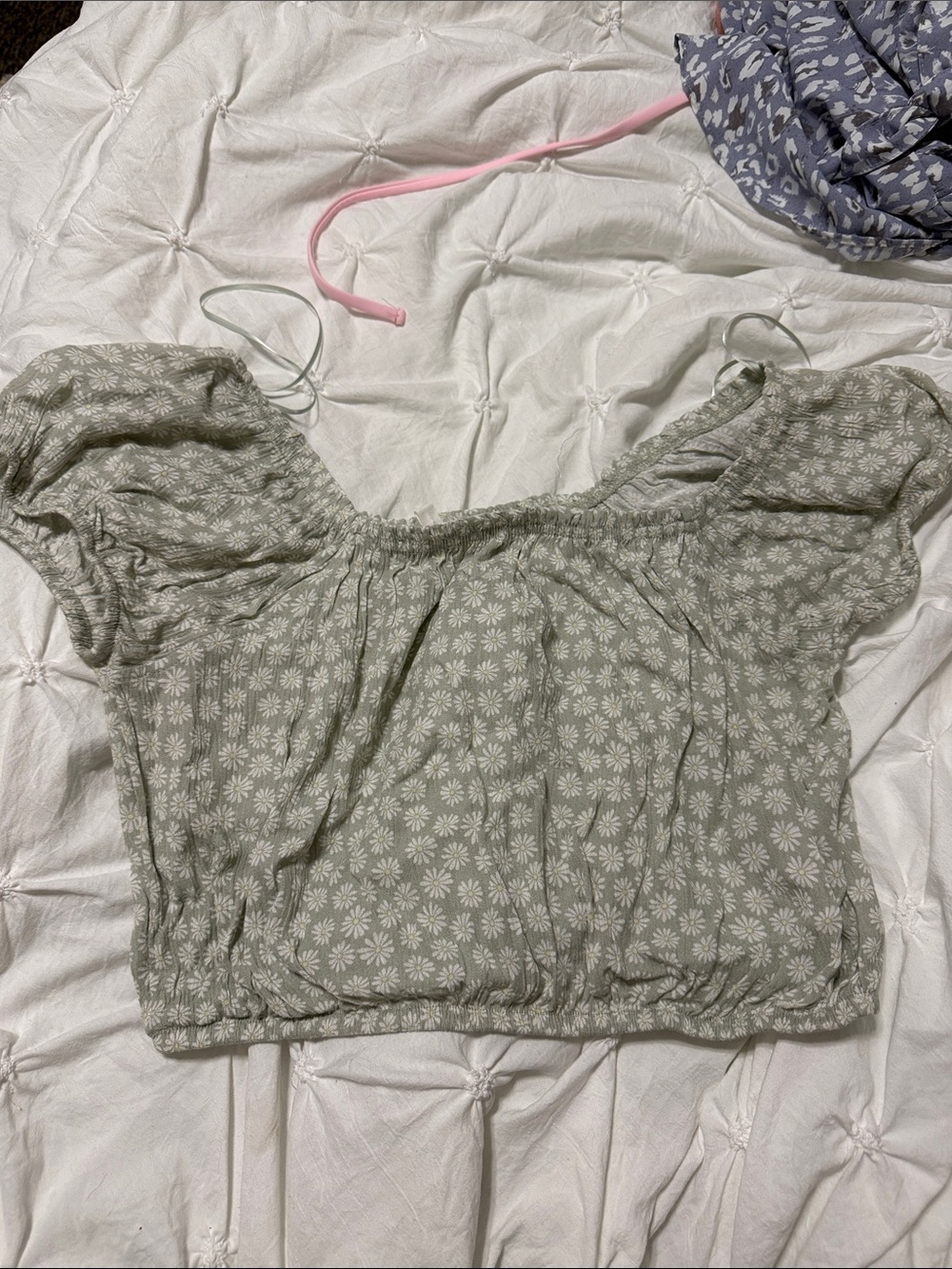 Hippie Rose Sage Green Daisy Off-Shoulder Crop Top